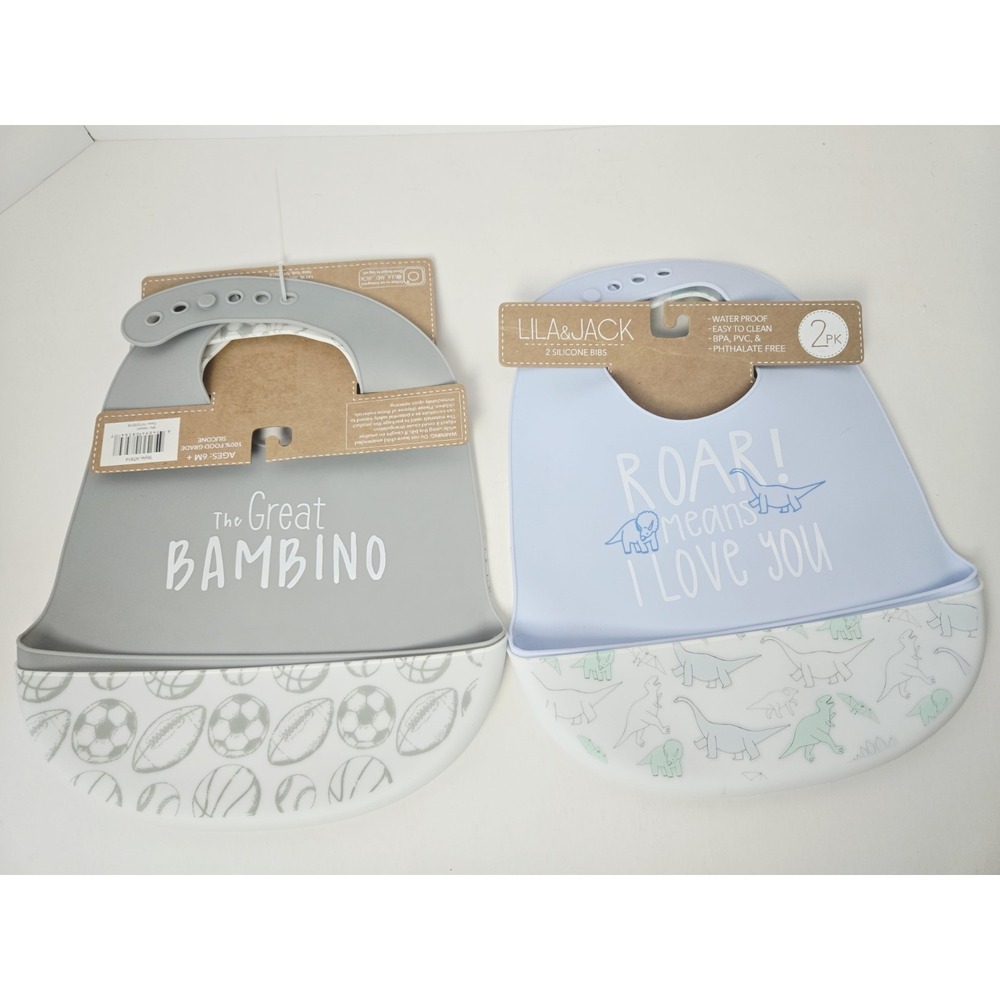 Lila & Jack Silicone Bibs 2 pack x 2 Bambino Roar Dinosaur Baby NEW waterproof